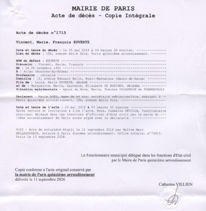 acte de décès Vincent Euverte